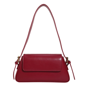 Elegant wine red square leather shoulder bag with magnetic flap and gold metal hardware