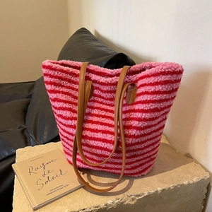 Sac Fourre-tout En Peluche Rayé Pour Femmes Grande Capacité Laine D'agneau Sac À Main En Fausse Fourrure Avec Poignées En Cuir