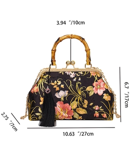 Detailed view of floral silk fabric and bamboo handle on this vintage Chinese evening bag