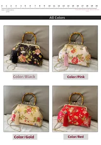 Detail view of retro kiss-lock handbags with floral silk fabric and bamboo handles