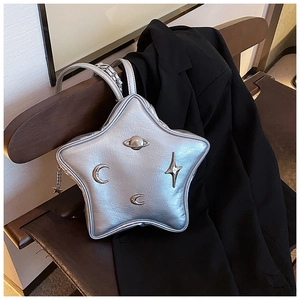 Detailed close-up of a star-shaped silver backpack with metallic texture and planet charms