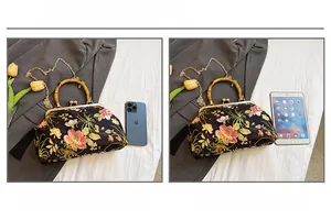 Bag contrast showing floral embroidery handbag size vs iPhone and iPad mini