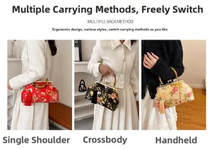 Detailed view of bamboo handles and floral embroidery on vintage Chinese shell bags