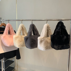 Plush faux fur tote bags set in pink, white, grey, beige and black colors