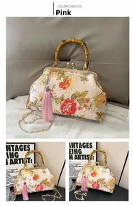 Detail of pink floral handbag featuring a bamboo handle and elegant silk tassel