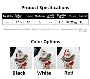 Size chart showing PU leather Christmas bag dimensions and red, white, black colors