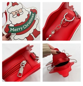 Detail view of red Santa Claus crossbody bag with metal chain strap and zip closure