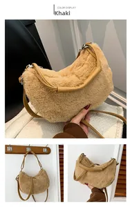 Detail of khaki faux fur crescent bag with smooth leather strap and metal buckles