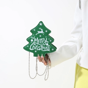 Christmas Tree Shape Crossbody Bag PU Leather Metal Bead Chain Merry Christmas Pattern Reindeer Holiday Party Handbag Women