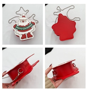 Detailed four-way view showing the Santa Claus crossbody bag design and metal chain strap