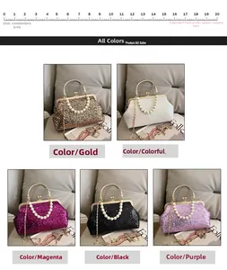 Detail showing variety of sequined evening bags with pearl handles and gold hardware