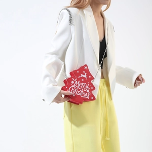 Red Christmas tree shaped crossbody bag with chain strap and festive print decoration