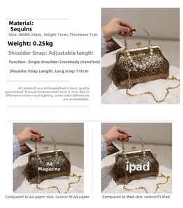 Detail view of gold sequin evening bag showing size specs and pearl beaded handle