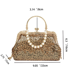 Detailed size dimensions of golden sequin evening bag with pearl handle and chain