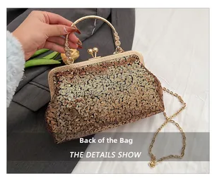Close-up of golden sequined evening bag back with vintage metal frame and chain