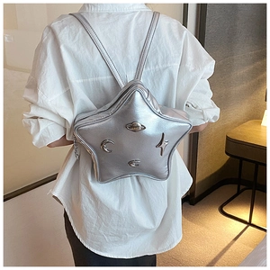 Rear view of silver star-shaped backpack with metallic texture and celestial embossed details