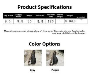 Size chart for cute cat-shaped PU crossbody bag showing dimensions and gray/purple colors