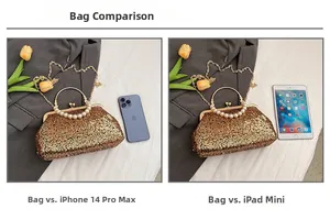 Detailed size comparison of a gold sequin evening bag with pearls and phone storage capacity