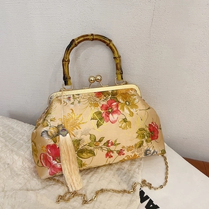 Sac À Main Femme Rétro Style Chinois Satin Floral Poignée Bambou Fermoir Kiss Lock Soirée