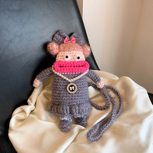 Sac De Téléphone En Fil Crochet Fait Main Poupée Bandoulière Grande Bouche Collier Künstliche Perle Nœud Accessoires Femmes Filles Drôle