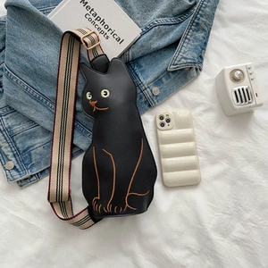 Cute black leather cat-shaped chest bag with orange cat embroidery and striped strap