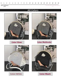 Detailed four-color collage of sparkling rhinestone studded shell evening bags with chains