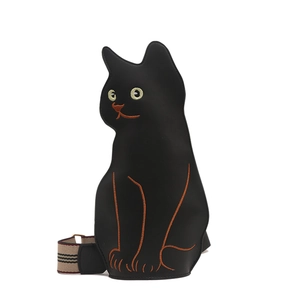 Creative black cat shaped crossbody bag with embroidered details and striped strap