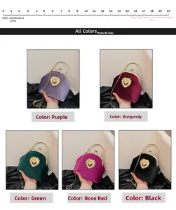 Dettaglio di borse da sera in velluto con cuore decorativo in cinque colori diversi