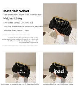 Detail view of black velvet shell bag showing 26x16x8cm dimensions and chain strap