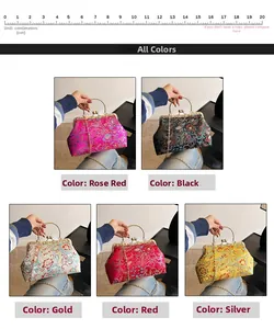 Detailed comparison of five embroidered satin evening bags in various floral colors