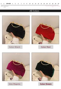 Detail view of retro velvet shell evening bags in black, red, pink and green colors