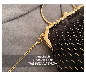 Detail of the golden detachable chain strap and vintage metal frame on black velvet bag