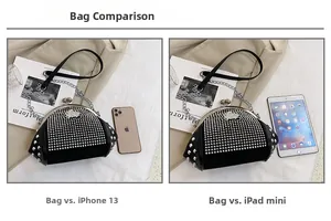 Black rivet shell bag size comparison with iPhone 13 and iPad mini showing compact scale