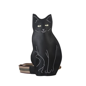 Cute black cat shaped crossbody bag with embroidered whiskers and striped woven strap