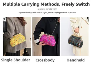 Three colors of Chinese embroidered silk bags showing crossbody and handbag styles