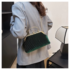 Detail of dark green velvet shell bag with embroidery worn on shoulder with chain strap