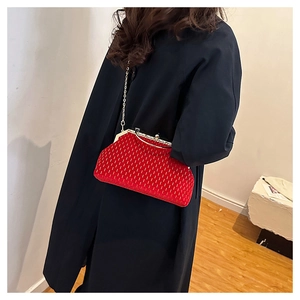 Close-up of textured red evening bag featuring gold chain and metallic clasp on a model