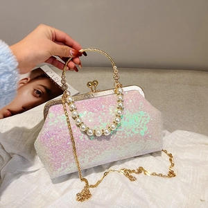 Sequin Evening Bag With Faux Artificial Pearl Handle And Gold Chain Strap Retro Crossbody Clutch For Women Wedding Banquet