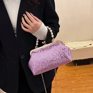 Elegant purple sequin evening bag with large pearl handle and golden chain strap