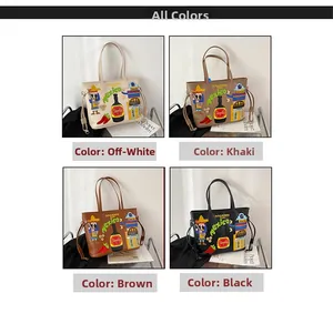 Detail of Mexico style embroidered tote bags shown in cream, khaki, brown, and black colors