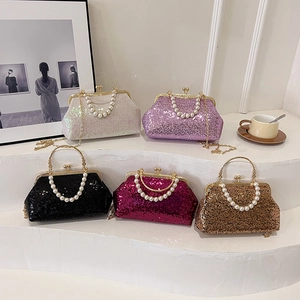 Sparkly sequin evening clutch bags with pearl handles and metal chains in various colors