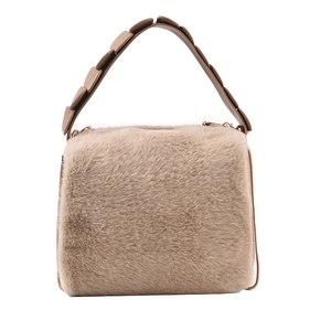 Chic light camel faux fur handbag with floral petal strap and golden metal hardware