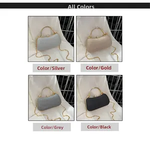 Four colors of glitter evening clutch bags with round metal handles and rhinestone clasps