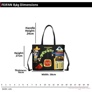 Size chart showing dimensions of the Mexican style embroidered graffiti black tote bag