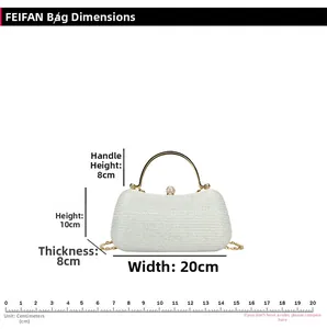 Detailed size chart showing 20cm width and 10cm height for the rhinestone evening bag