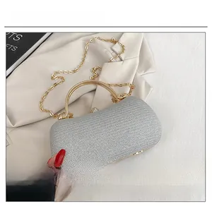 Close-up of silver mesh evening bag with gold metal handle and crystal clasp details