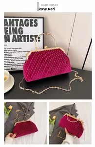 Macro shot of rose red velvet shell bag with gold embroidery and chain handle detail
