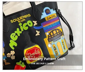 Close-up of vibrant Mexican style embroidery and rivets on a black leather tote bag