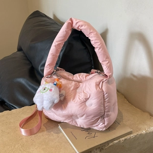 Quilted Puffy Shoulder Bag Nylon Down Cotton Pillow Handbag Crossbody With Plush Monster Charm Winter Trendy Women