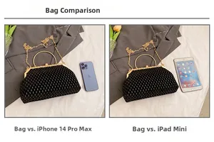 Size comparison of black velvet shell evening bag with iPhone and iPad for reference